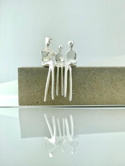 Family of 3 - 4.5" Small collectible figures of real bronze on a natural stone base. New Mother, Mother's Day Present, Gifts for her, Valentine