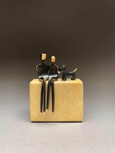 Bronze sculpture couple “Caress” with Dog, dog lover unique gift