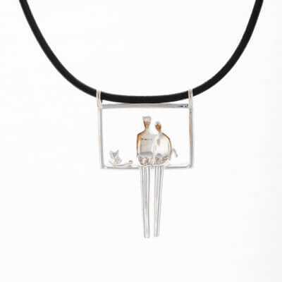 Designer pendant Couple with cat on leather cord with Yenny Cocq branded clasp
