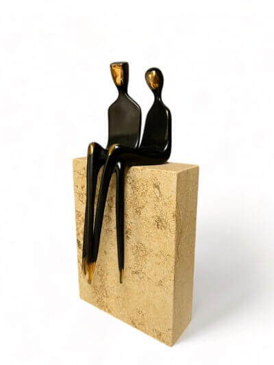The two of us - bronze anniversary, 8th year solid bronze sculpture of a seated couple by Yenny Cocq
