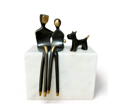 Romantic anniversary gift bronze sculpture with terrier dog on Carrara marble, 8th or 19th anniversary gift