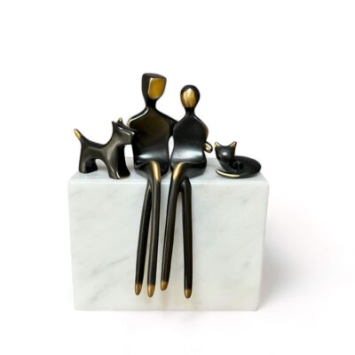 Romantic bronze sculpture with terrier dog and cat on Carrara marble, 8th or 19th anniversary gift