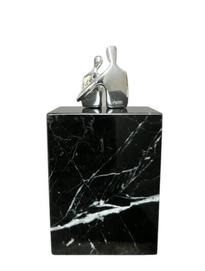 Seated couple sculpture in silver, lovers snuggled together side by side a 25th anniversary gift backside