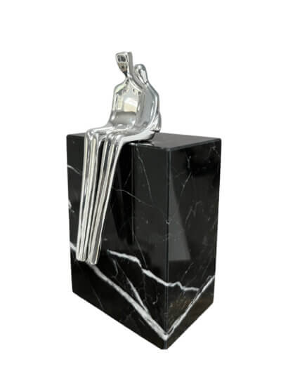 Seated couple sculpture in silver, lovers snuggled together side by side a 25th anniversary present
