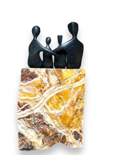 Unique bronze sculpture family of four in speckled gray patina mounted on Travertine back view
