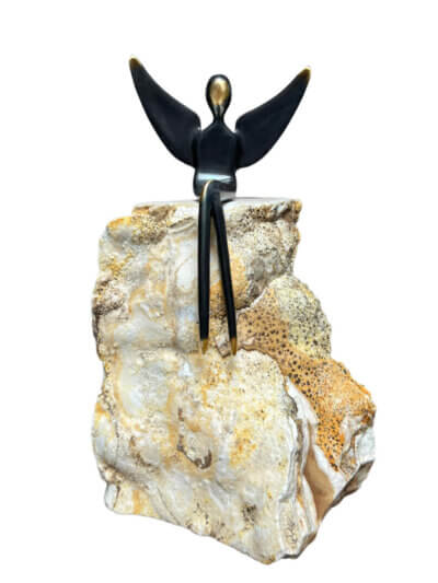 bronze sculpture angel figurine on unique travertine stone base