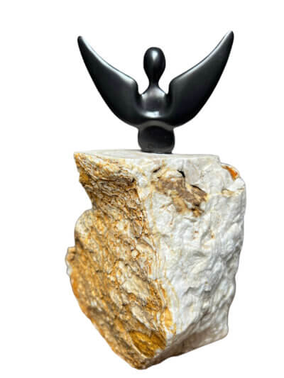 bronze sculpture angel figurine on unique travertine stone base back