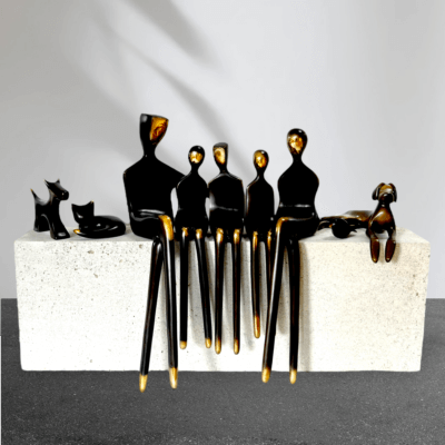 bronze statue family of 5 with pets