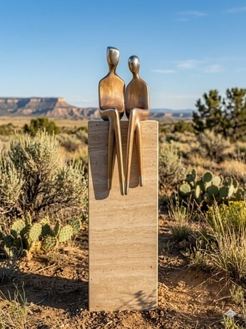 Bronze sculpture, the two of us on a travertine pedestal