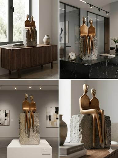 collage view Bronze sculpture, elongated forms and minimalist facial features
